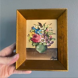 VTG Mini Painting Signed MALY Impressionist Oil Floral Still Life on Board Gold